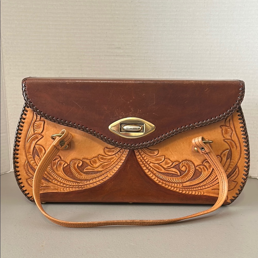 Brown and Tan Tooled Leather Shoulder Bag with Gold Clasp